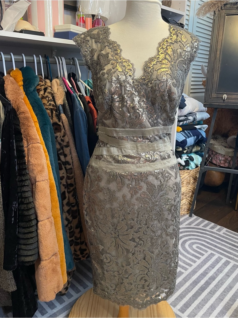 Tadashi Shoji Taupe Lace Sequin Midi Dress